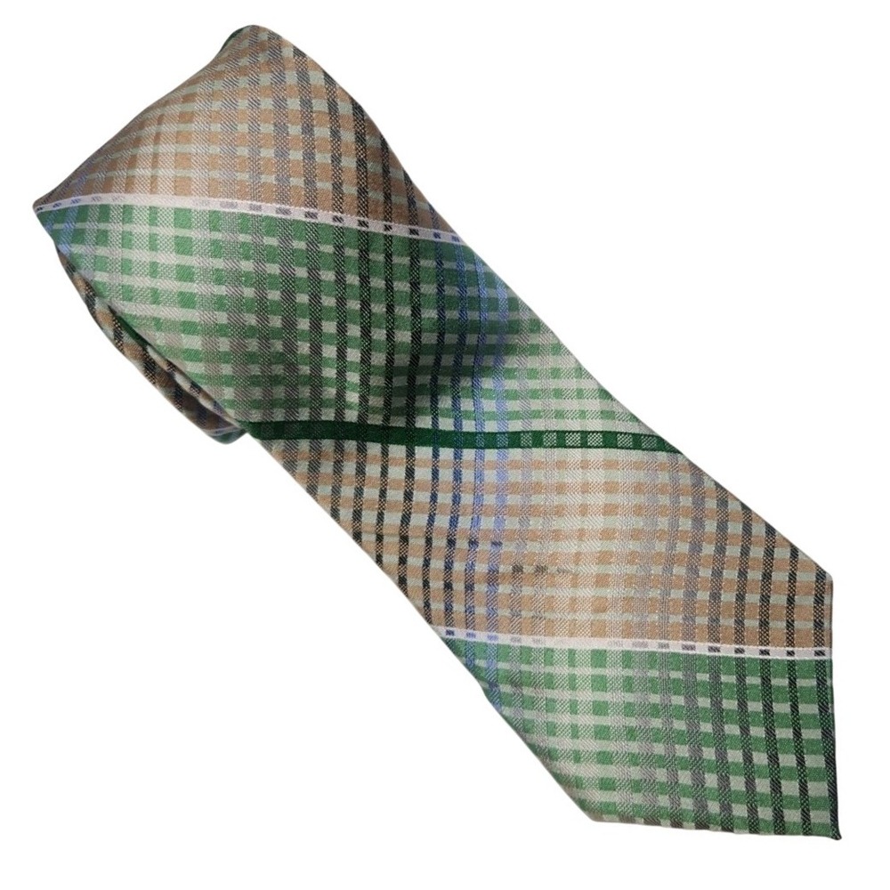 VAN HEUSEN Silk Tie, Geometric Green, Blue & Tan, 100% Silk, 3¼ X 58"